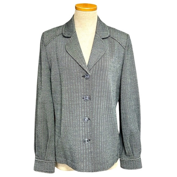 ST. JOHN Jacket Blazer Cardigan Black White Herringbone Stretch Buttons Size 8